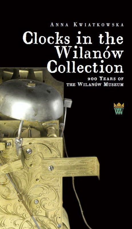 Okładka do książki "Clocks in the Wilanów Collection". Na czarnym tle mechanizm zegara z dzwonkiem. 