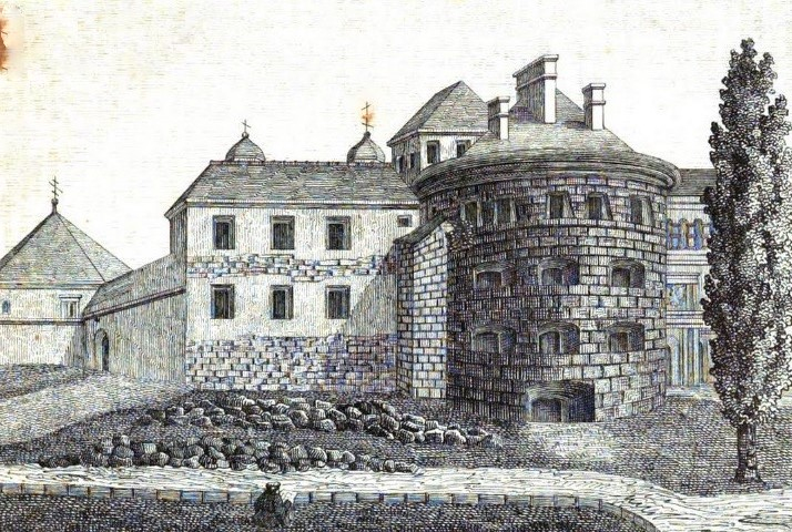 Ilustracja książkowa. Przedstawia widok na zamek i zabudowania. Na froncie murowana rotunda - budowla w układzie centralnym, wzniesiona na planie koła. Jest to zamek w Brzeżanach. 


