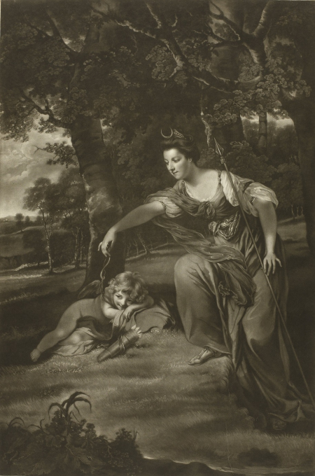 Czarno-biała reprodukcja obrazu olejnego. Przedstawia młodą kobietę ubraną w zwiewne szaty,  trzymającą w ręce dzidę. Kobieta bawi się z Amorem leżącym obok, na trawie. Scena rozgrywa się w lesie. Jest to portret Elizabeth Montagu jako Diany z Amorem. 