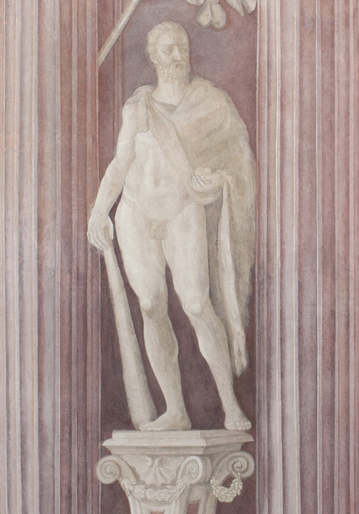 Fresk przedstawia nagiego mężczyznę stojącego w pozie kontrapostu, który ma narzuconą na ramiona szatę. Jest to Herkules z jabłkami Hesperyd i skórą z lwa nemejskiego. Mężczyzna prawą ręką podtrzymuje maczugę. 