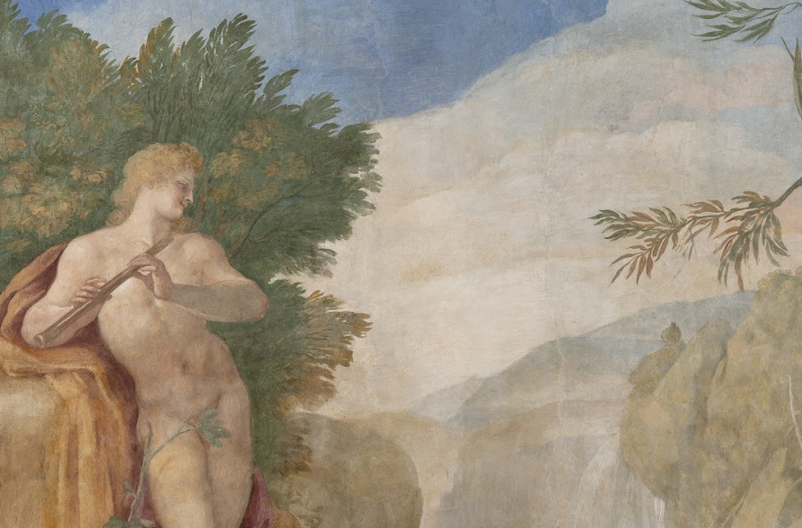 Fresk przedstawiający nagiego Apolla trzymającego flet. Malowidło imituje zawieszony na ścianie kobierzec.