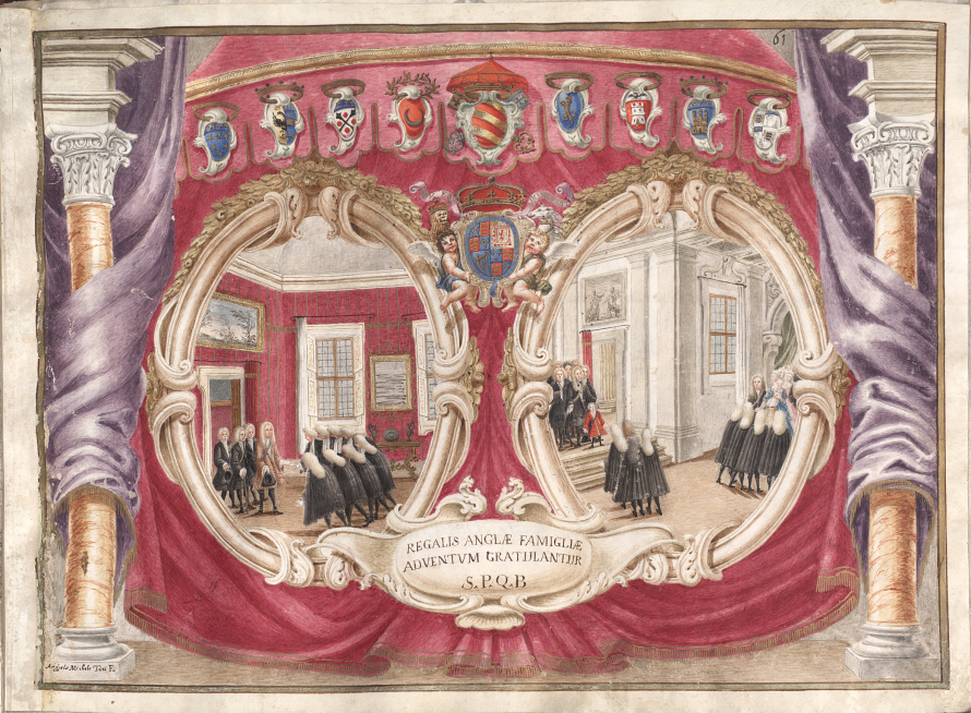 Ilustracja przedstawia senatorów Bolonii uroczyście witających królową Marię Klementynę i jej synów po przybyciu do miasta. Scena jest ukazana w malowniczej teatralnej scenografii, z dwiema kolumnami osłoniętymi draperią. Miniatura ukazuje dwie sceny odbywające się w bogatych wnętrzach, których wyposażenie zostało przedstawiona z dużą precyzją. Możemy podziwiać obrazy i meble umieszczone w wnętrzach, a także ich dekorację rzeźbiarską.